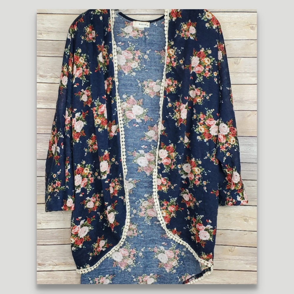 Mauve Blue Floral Print open front Kimono Cardigan